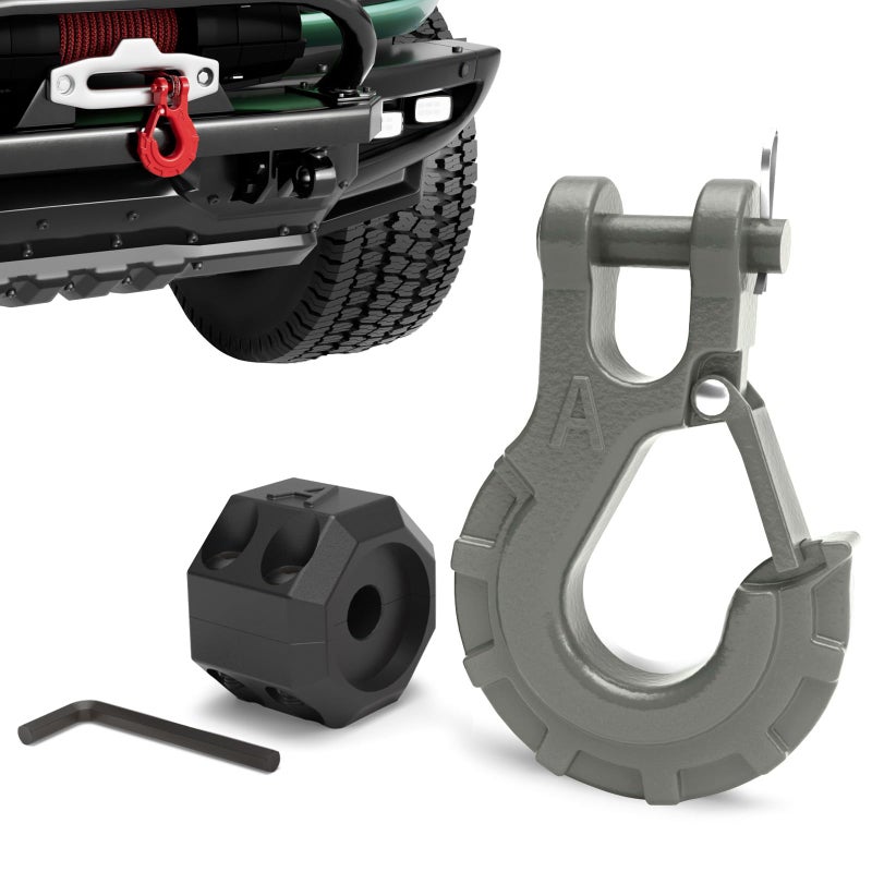 AMBULL 3/8" Winch Hook & Winch Cable Hook Stopper Sets, Heavy Duty Grade 70 Forged Steel Recovery Hook with Safety Latch, Included Allen Wrench,Max 37,478 Lbs, Grey - Image 1